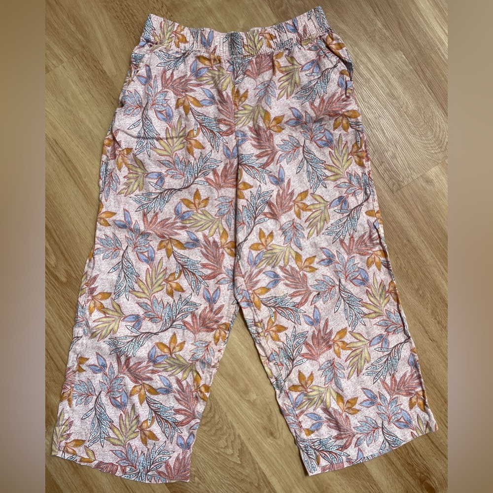 Nicole Miller linen pants cropped wide leg floral leaf pattern boho large